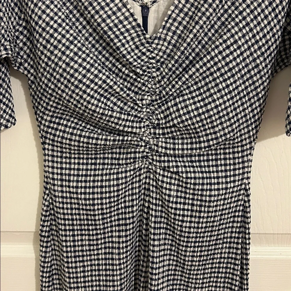Staud Fraise Gingham Seersucker Ruched Short Sleeve Jumpsuit Navy New Size 6